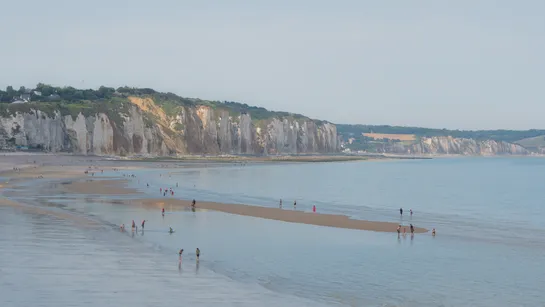 The coast, in the foreground is the beach, hundreds of people can be seen yet they're all far apart from each other. In the background are great cliffs, white and orange.
