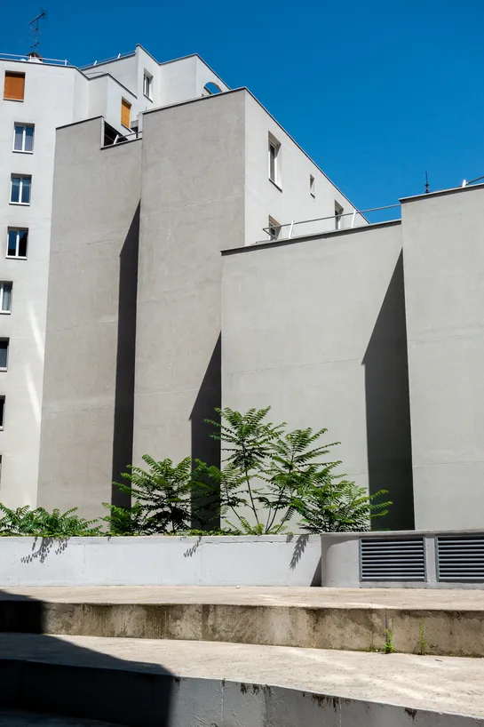 Buildings with absolutely no windows, a fern in front