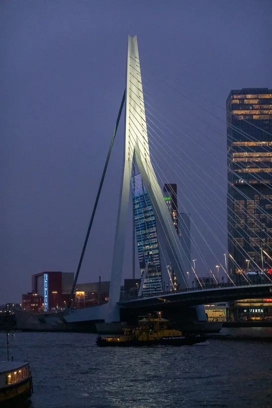 A modern bridge, lit by white spotlights, amid a dark purple evening sky, it is reflected on the water below. Tall buildings stand behind.