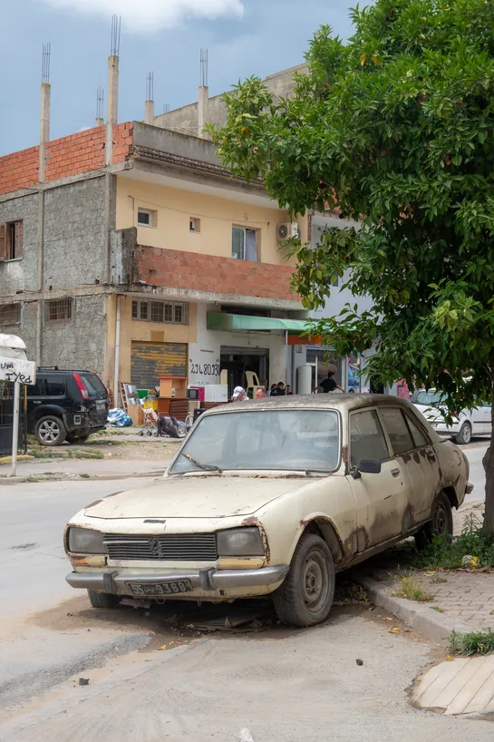 A abandonned older Peugeot car sits beneath a tree on the roadside