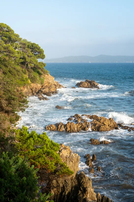The sun shines on this part of the coast with trees on land, rugged rocks piercing through the water, waves crashing down on them. Another piece of land can be seen on the horizon