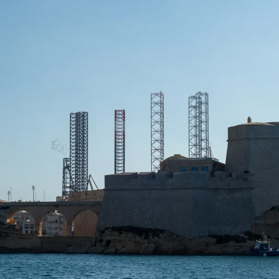 Tall metal towers behind stone walls, a large flock of birds flying around