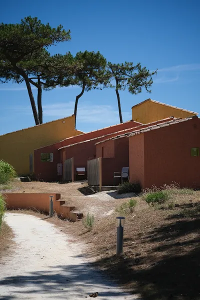 Ochre and yellow houses along a path, trees in the background
