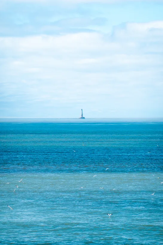 Seagulls fly around over a turquoise and blue sea, with a lighthouse on the horizon