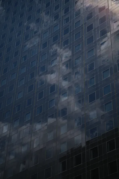 The sky and sparse clouds reflected on a minimalist and dark skyscraper, the light is somehow polarized